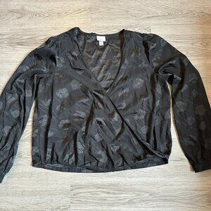 Printed Puff Long Sleeve Wrap Top Blouse - Black - A New Day Target - Small